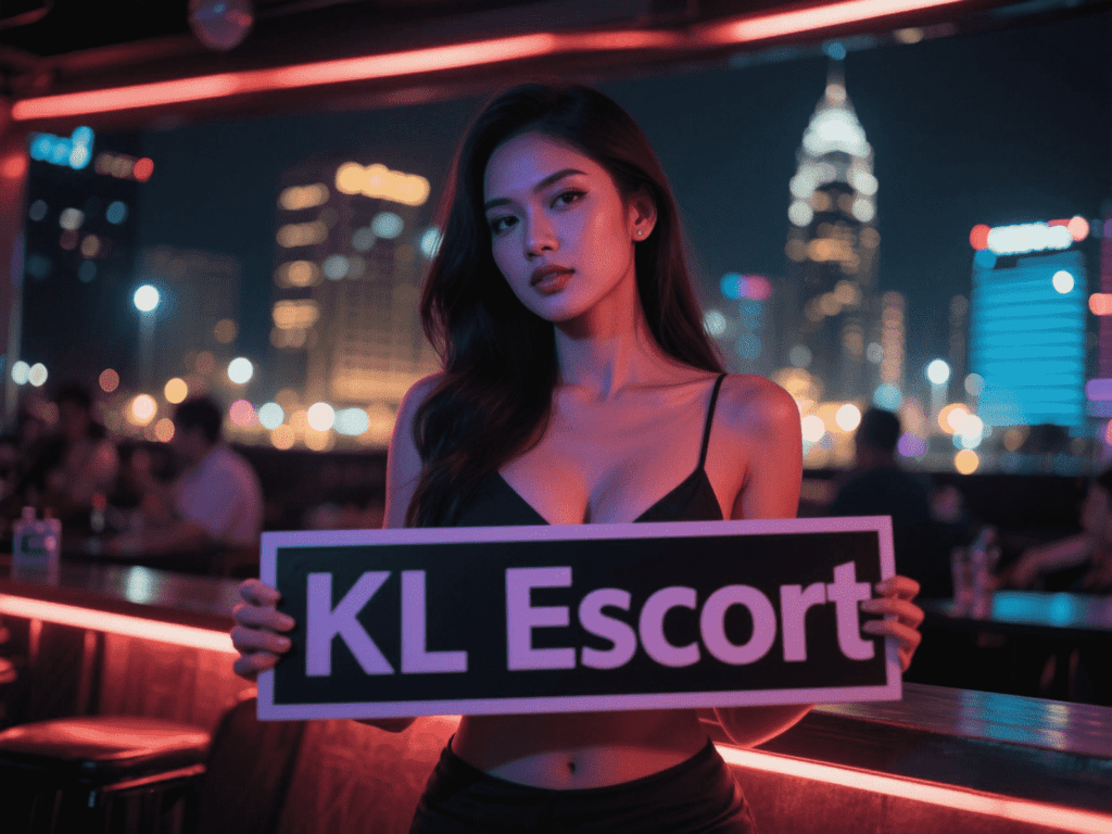 Woman holding sign reading "KL Escort" in a nightclub setting.
