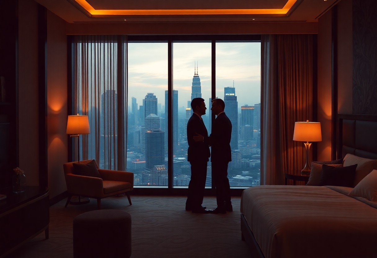 Silhouette of a gay couple embracing in a luxury hotel room overlooking a city skyline at night.