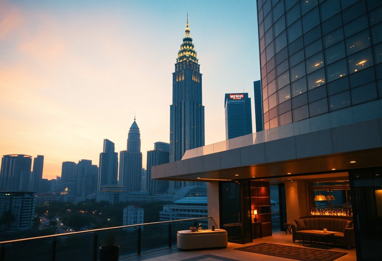 Luxury rooftop terrace overlooking Kuala Lumpur skyline at sunset, featuring the iconic KL Tower.