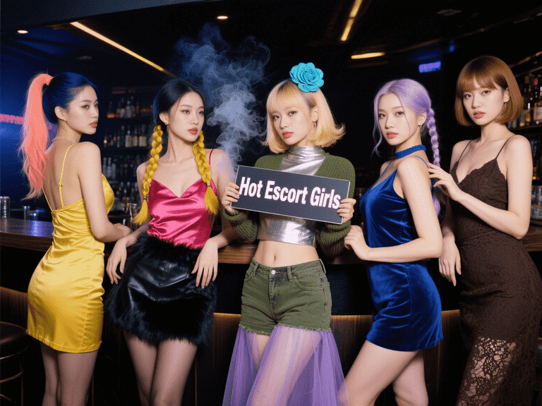 Five women in stylish dresses holding a sign that says "Hot Escort Girls.