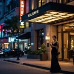 Woman in evening gown outside a luxury hotel in Kuala Lumpur, Malaysia. KIA L-LUMPUR sign visible.