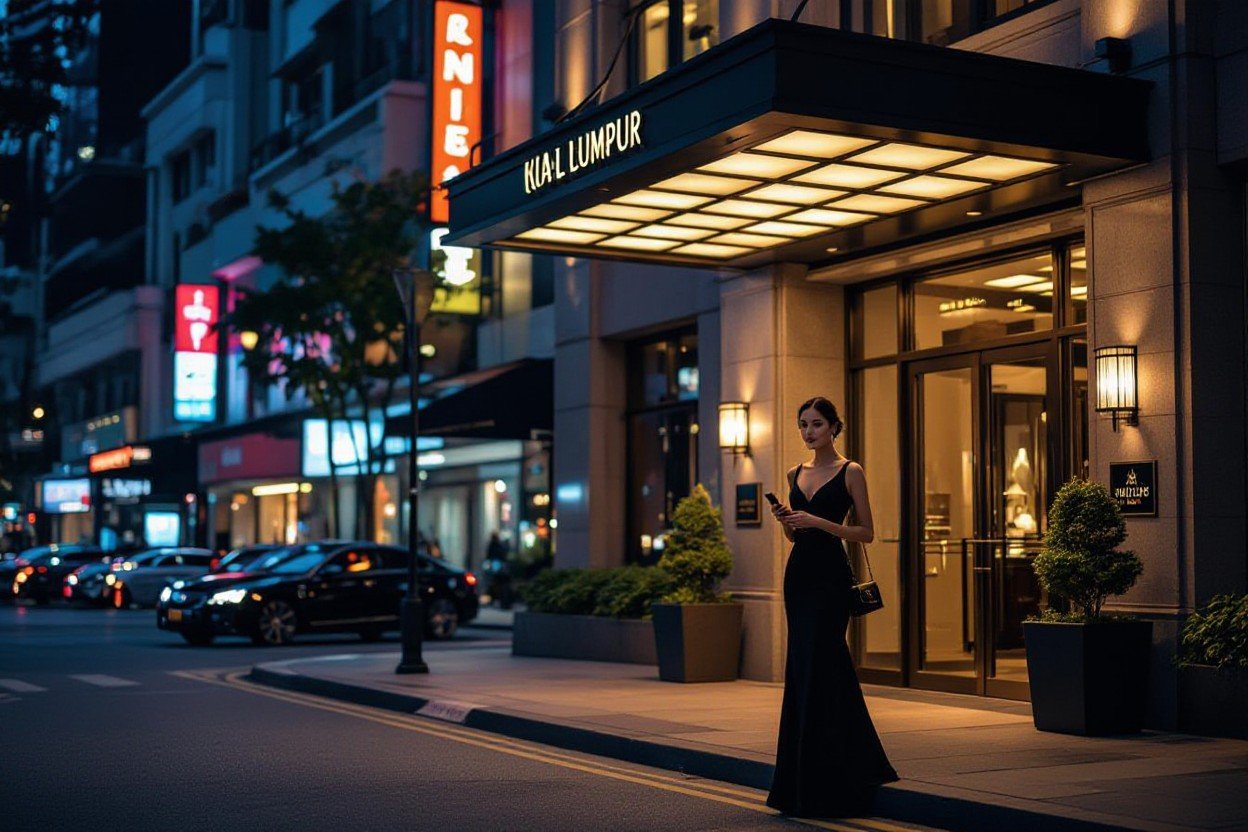 Woman in evening gown outside a luxury hotel in Kuala Lumpur, Malaysia. KIA L-LUMPUR sign visible.