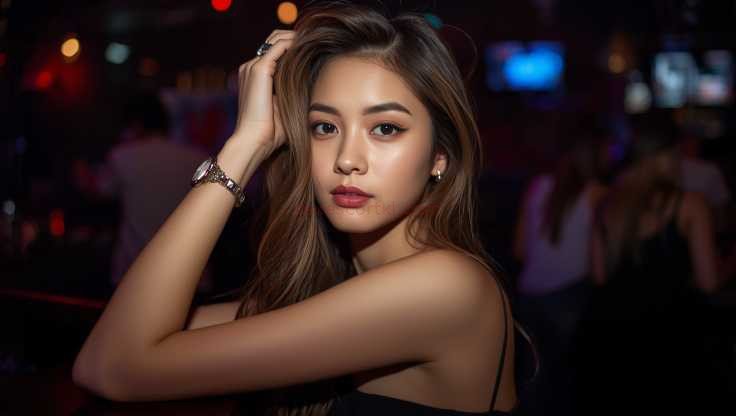 Beautiful Asian woman with long brown hair in a dimly lit bar or club, wearing a watch.