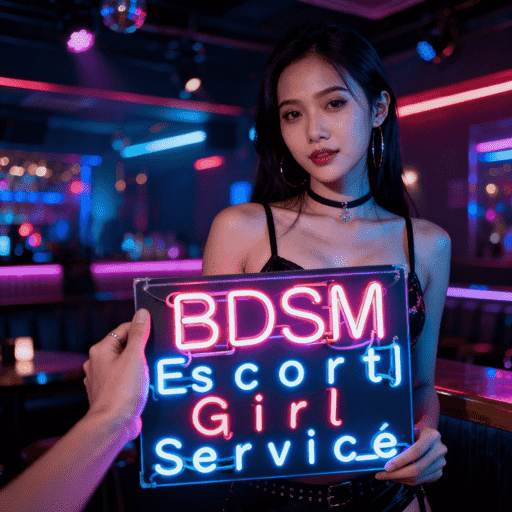 Woman holding BDSM escort service neon sign in a club. Kuala Lumpur elite escort.