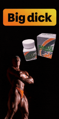 Bodybuilder with Tadalafil pills and box, text "Big dick