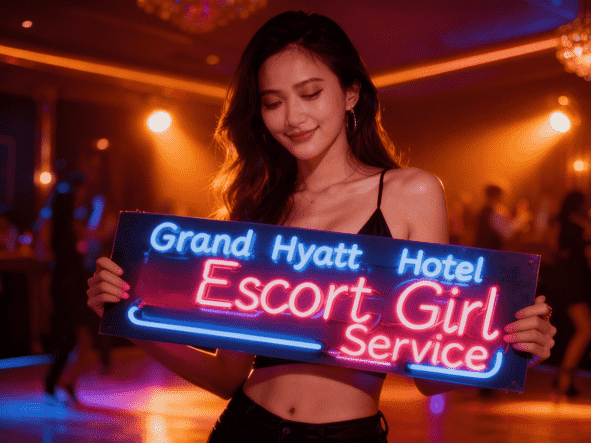 Woman holding "Grand Hyatt Hotel Escort Girl Service" neon sign.