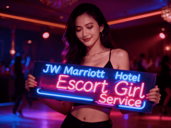 Woman holding JW Marriott Hotel escort service sign at event.