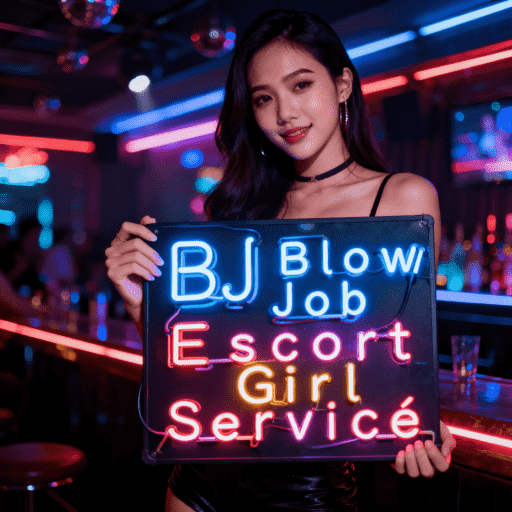 Asian woman holding neon sign: BJ Blow Job Escort Girl Service. Kuala Lumpur escort services.