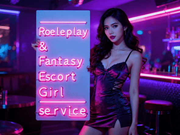 Woman holding "Roleplay & Fantasy Escort Girl service" neon sign in a bar. Kuala Lumpur escort service.