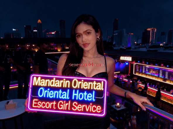 Woman holding "Mandarin Oriental Hotel Escort Girl Service" sign at rooftop bar in Kuala Lumpur. Night cityscape background.