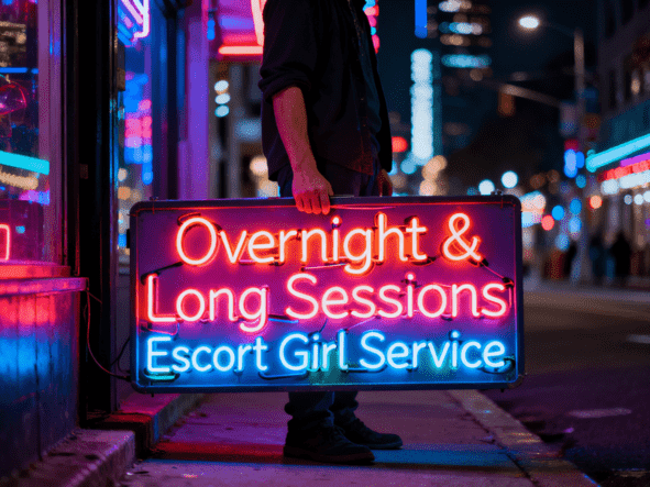 Neon sign: Overnight & Long Sessions Escort Girl Service. Night scene in city.