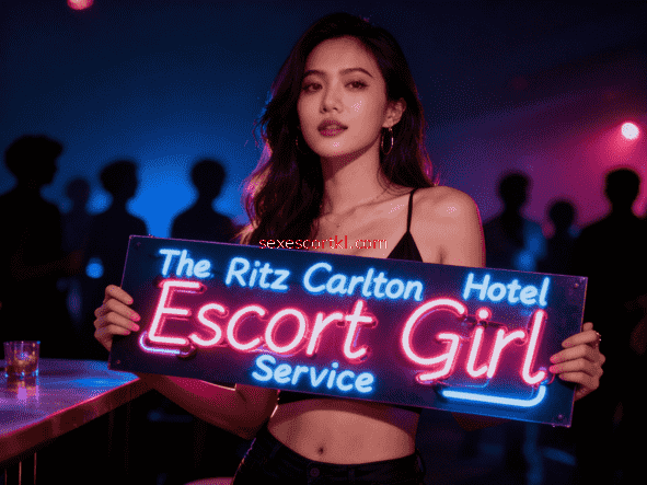 Woman holding "The Ritz-Carlton Hotel Escort Girl Service" neon sign. Luxury KL experience.