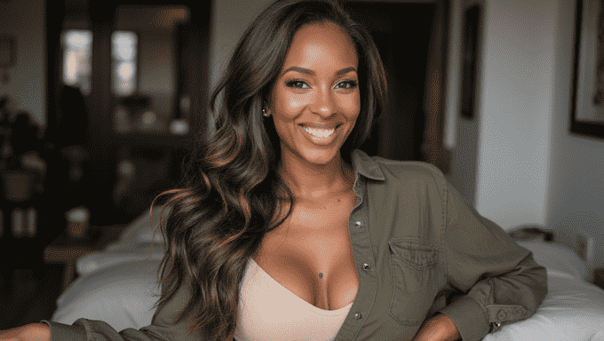 Smiling woman with long wavy hair in olive green shirt. Confident, friendly expression.