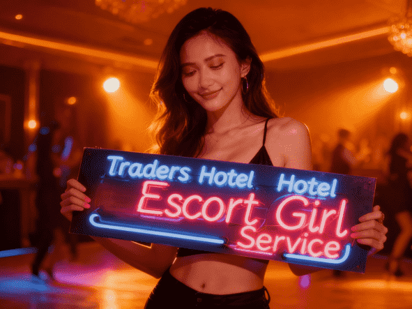 Woman holding a neon sign for "Traders Hotel Escort Girl Service".
