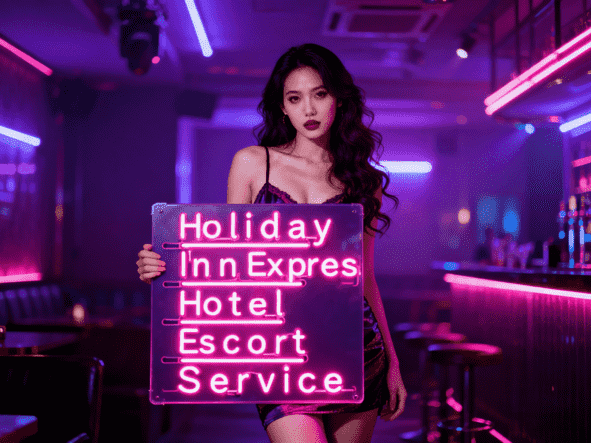 Woman holding "Holiday Inn Express Hotel Escort Service" sign in a bar. Kuala Lumpur nightlife.