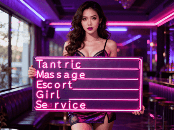 Woman holding "Tantric Massage Escort Girl Service" neon sign in a bar setting.