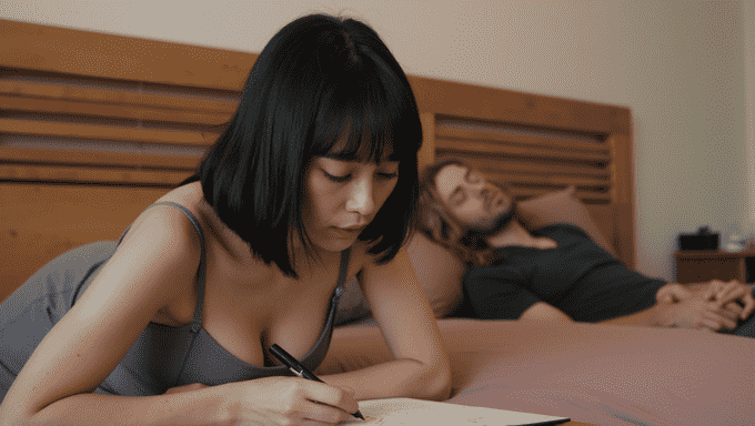 Woman writing next to sleeping man on bed. Kuala Lumpur escort services.