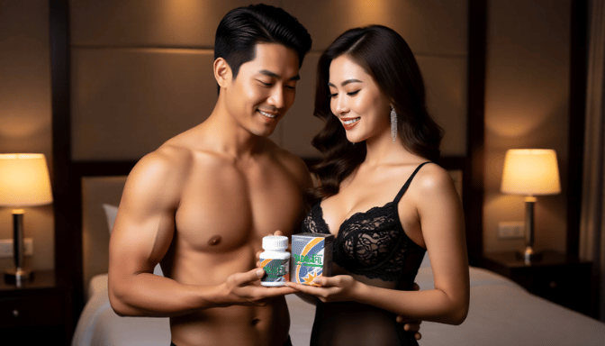Couple holding Cialis Tadalafil product. Man with abs, woman in lingerie.