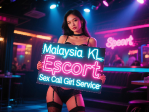 Woman in lingerie holding a neon sign for Malaysia KL Escort services. Nightclub setting.