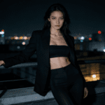 Woman in black suit on rooftop with city lights at night.