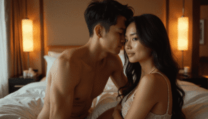 Couple embracing intimately in a hotel room