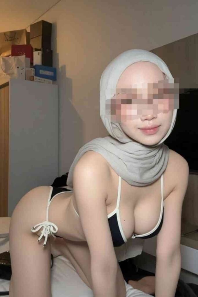 Sex Escort KL Girl Kesya, a Malay call girl in Kuala Lumpur, wearing a white hijab and black bikini Incall & Outcall Escorts Girl Service
