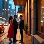 Sex Escort KL Girl Couple in formal attire on a city street at night, with a red car nearby. Incall & Outcall Escorts Girl Service