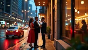 Sex Escort KL Girl Couple in formal attire on a city street at night, with a red car nearby. Incall & Outcall Escorts Girl Service