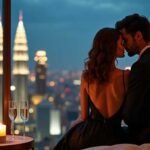 Sex Escort KL Girl Couple embracing in front of a city skyline at night, with champagne glasses. Incall & Outcall Escorts Girl Service