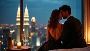 Sex Escort KL Girl Couple embracing in front of a city skyline at night, with champagne glasses. Incall & Outcall Escorts Girl Service