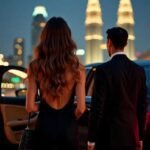 Sex Escort KL Girl Couple in formal wear arriving at a luxury car in a city at night. Incall & Outcall Escorts Girl Service