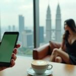 Sex Escort KL Girl Man holding a phone with a green screen in front of a woman and city view Incall & Outcall Escorts Girl Service