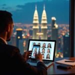 Sex Escort KL Girl Man on laptop with city skyline and faces on screen Incall & Outcall Escorts Girl Service
