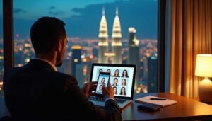 Sex Escort KL Girl Man on laptop with city skyline and faces on screen Incall & Outcall Escorts Girl Service