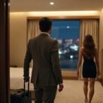 Sex Escort KL Girl Man in suit with suitcase enters hotel room with woman in black dress Incall & Outcall Escorts Girl Service