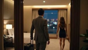 Sex Escort KL Girl Man in suit with suitcase enters hotel room with woman in black dress Incall & Outcall Escorts Girl Service