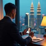 Sex Escort KL Girl Man on video call with woman in hotel room overlooking city skyline at night Incall & Outcall Escorts Girl Service