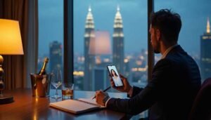 Sex Escort KL Girl Man on video call in hotel room with city view at night. Incall & Outcall Escorts Girl Service