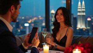 Sex Escort KL Girl Couple enjoying a romantic dinner with city skyline view Incall & Outcall Escorts Girl Service