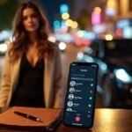 Sex Escort KL Girl Woman with phone showing app on a table with a bell and notepad at night Incall & Outcall Escorts Girl Service
